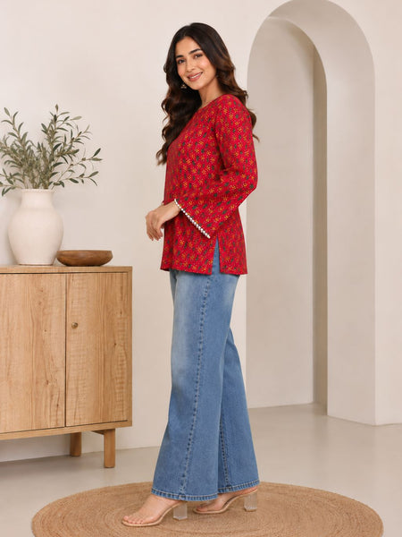 Indibelle Red Printed Cotton Short Kurti