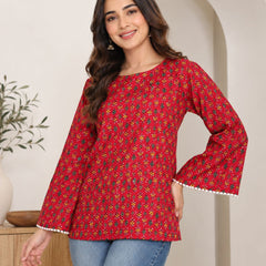 Indibelle Maroon Printed Cotton Short Kurti