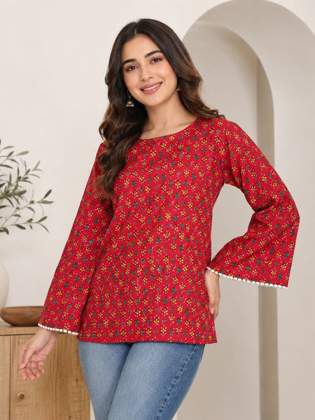 Indibelle Red Printed Cotton Short Kurti