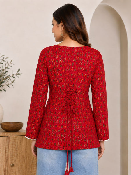 Indibelle Red Printed Cotton Short Kurti