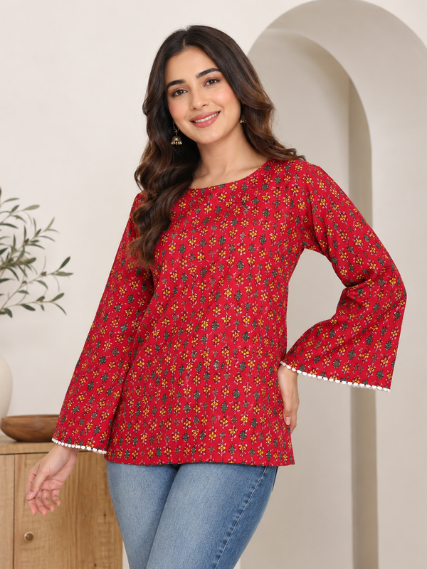 Indibelle Red Printed Cotton Short Kurti