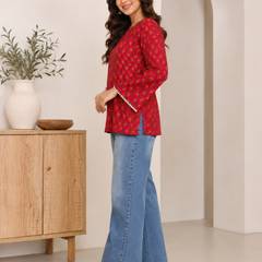 Indibelle Red Printed Cotton Short Kurti