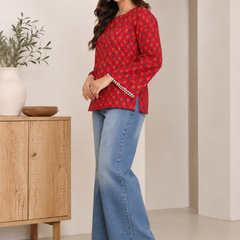 Indibelle Red Printed Cotton Short Kurti