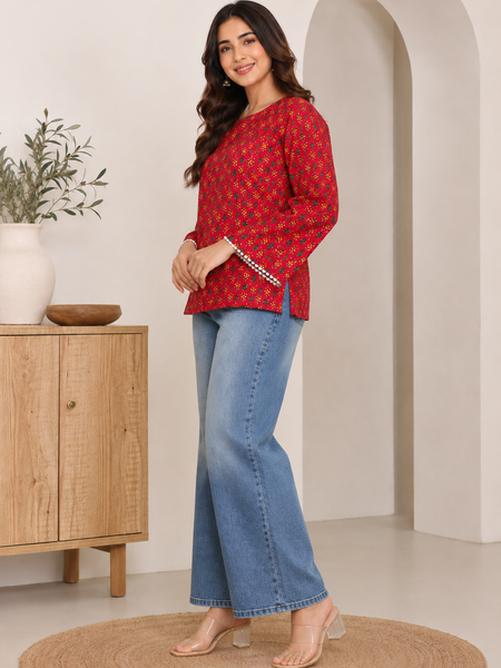 Indibelle Red Printed Cotton Short Kurti