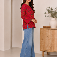 Indibelle Red Printed Cotton Short Kurti