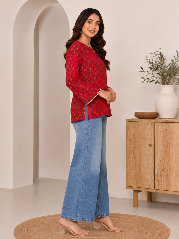 Indibelle Red Printed Cotton Short Kurti