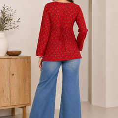 Indibelle Red Printed Cotton Short Kurti