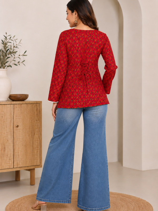 Indibelle Red Printed Cotton Short Kurti
