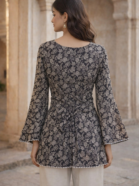 Coffee Brown Floral Printed Cotton Short Kurti Image