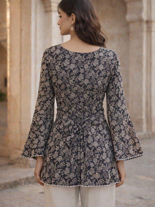 Coffee Brown Floral Printed Cotton Short Kurti Image