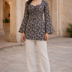 Coffee Brown Floral Printed Cotton Short Kurti Front