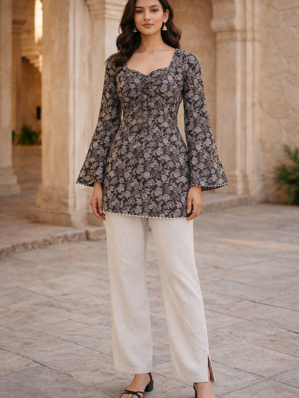 Coffee Brown Floral Printed Cotton Short Kurti Front