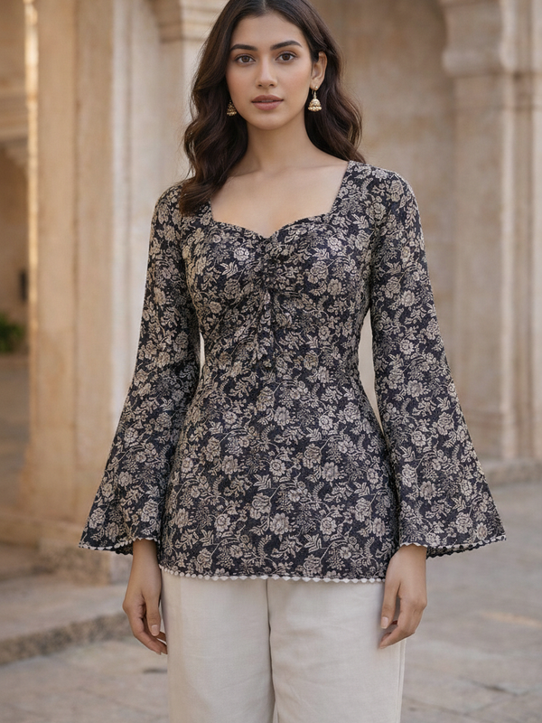 Coffee Brown Floral Printed Cotton Short Kurti Front View