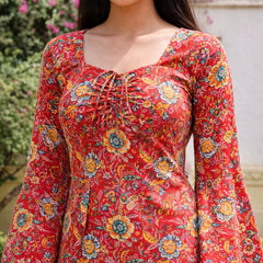 Red Floral Printed Cotton Short Kurti 