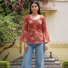 Red Floral Printed Cotton Short Kurti Front