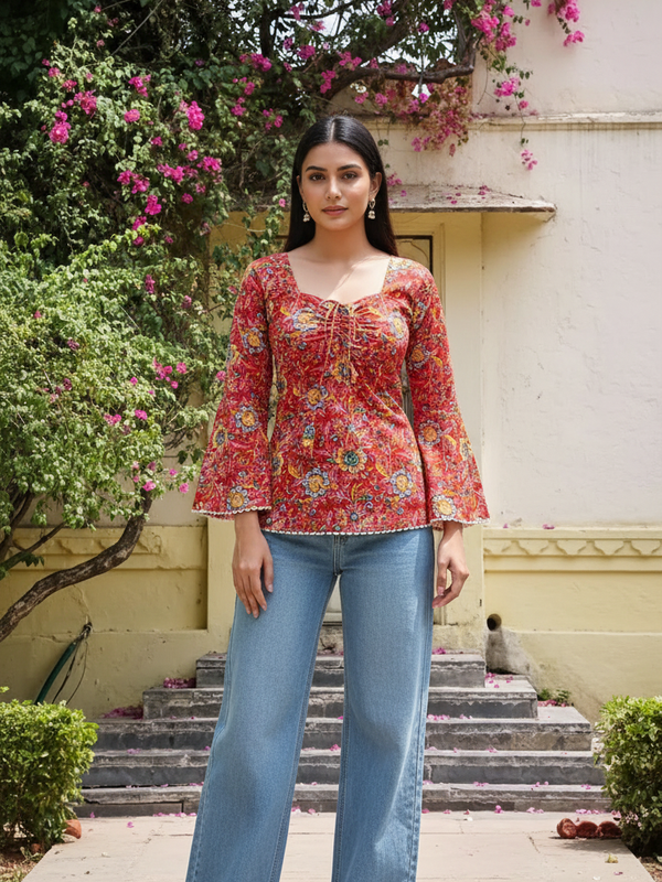 Red Floral Printed Cotton Short Kurti Front