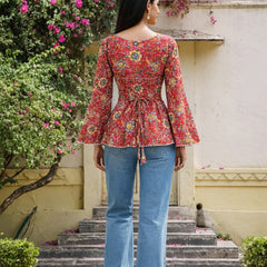 Red Floral Printed Cotton Short Kurti Back