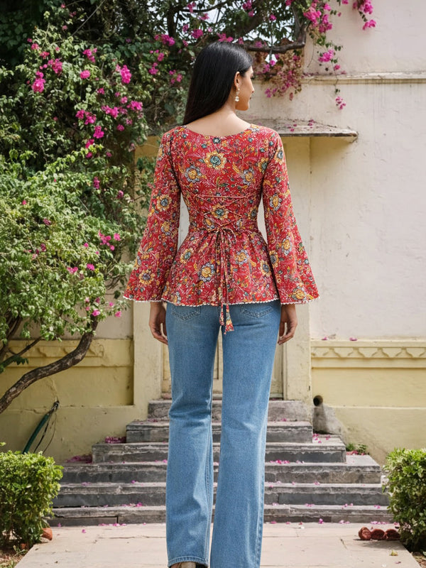 Red Floral Printed Cotton Short Kurti Back