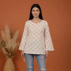 Indibelle Off White Floral Block Printed Cotton Short Kurti