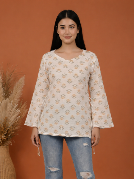 Indibelle Off White Floral Block Printed Cotton Short Kurti