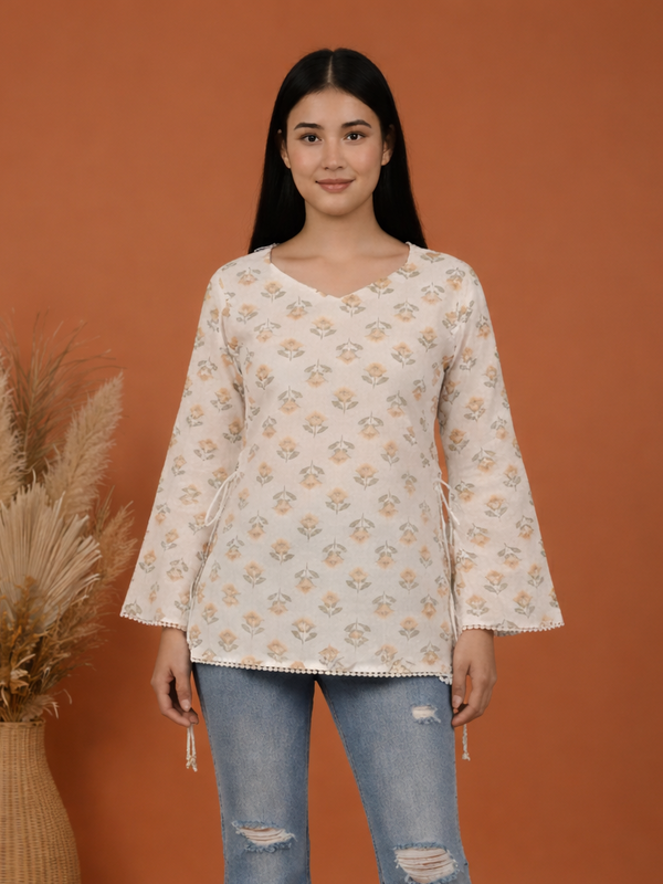 Indibelle Off White Floral Block Printed Cotton Short Kurti