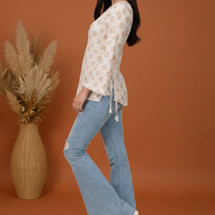 Indibelle Off White Floral Block Printed Cotton Short Kurti