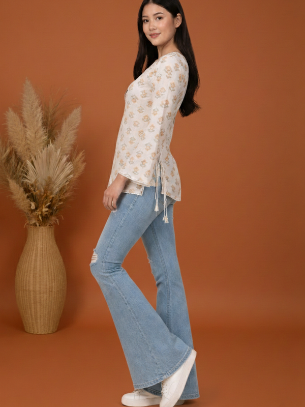 Indibelle Off White Floral Block Printed Cotton Short Kurti