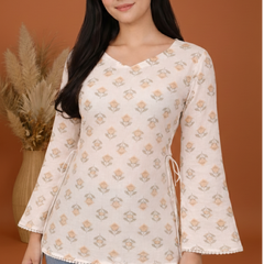 Indibelle Off White Floral Block Printed Cotton Short Kurti