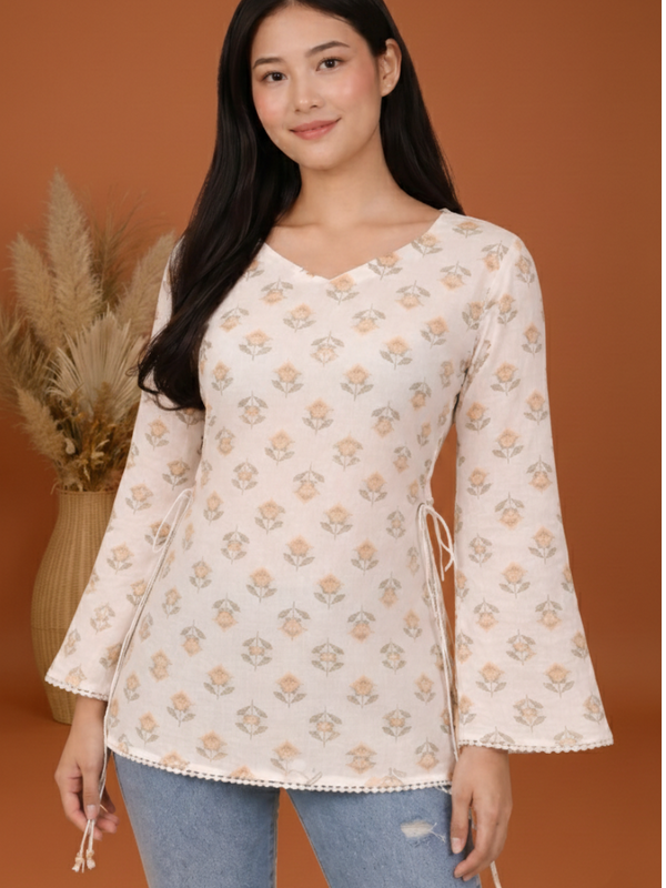 Indibelle Off White Floral Block Printed Cotton Short Kurti