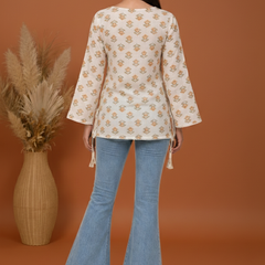 Indibelle Off White Floral Block Printed Cotton Short Kurti