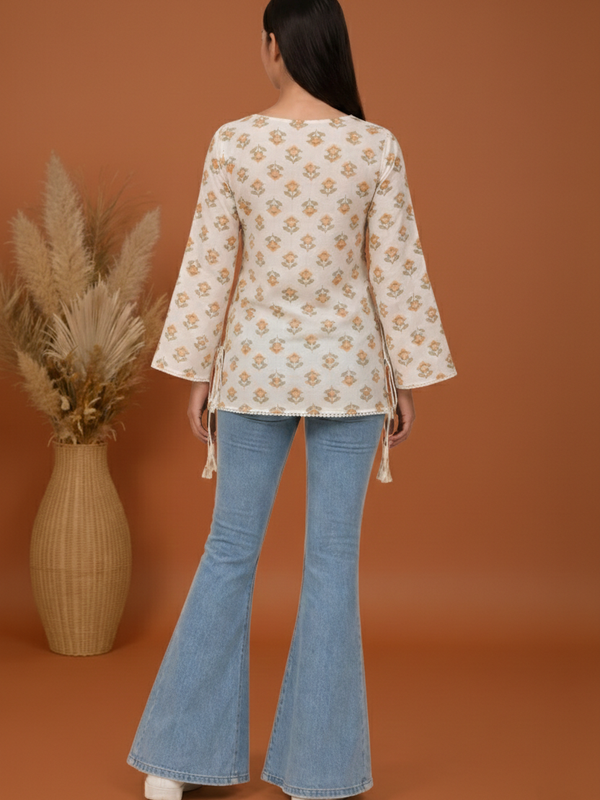 Indibelle Off White Floral Block Printed Cotton Short Kurti