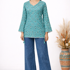 Indibelle Turquoise Floral Printed Cotton Short Kurti