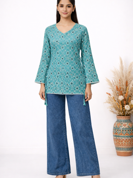 Indibelle Turquoise Floral Printed Cotton Short Kurti