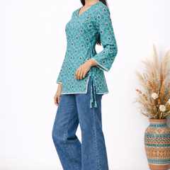 Indibelle Turquoise Floral Printed Cotton Short Kurti