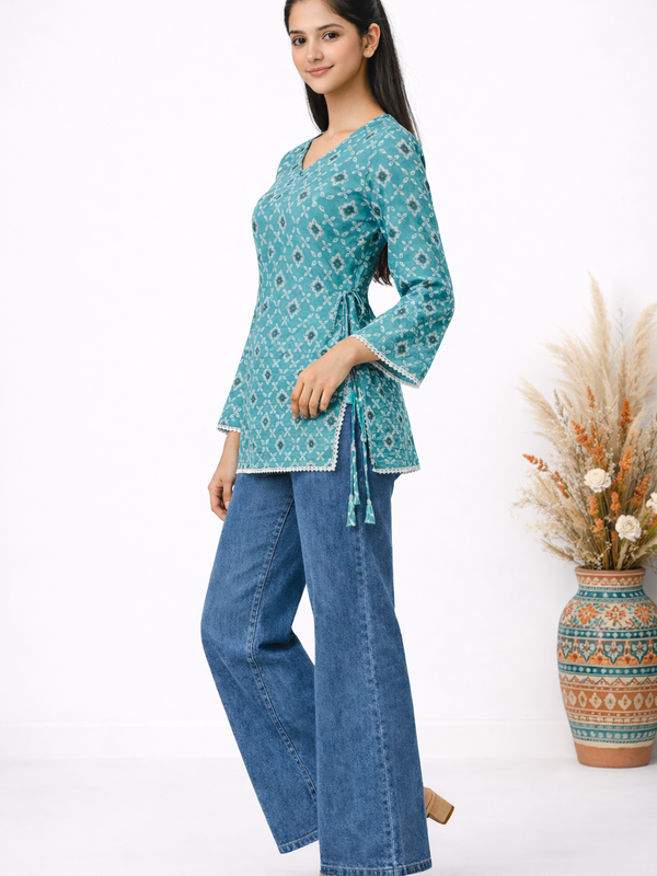 Indibelle Turquoise Floral Printed Cotton Short Kurti