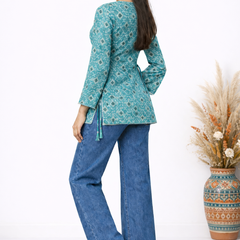 Indibelle Turquoise Floral Printed Cotton Short Kurti