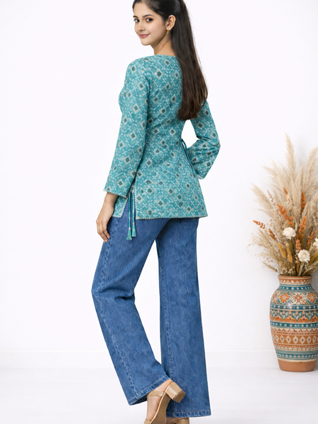 Indibelle Turquoise Floral Printed Cotton Short Kurti