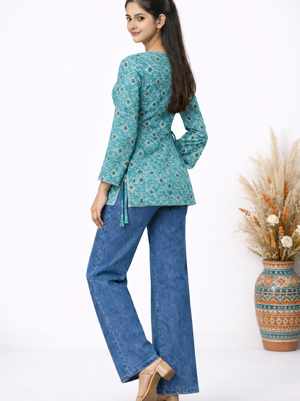 Indibelle Turquoise Floral Printed Cotton Short Kurti