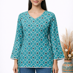 Indibelle Turquoise Floral Printed Cotton Short Kurti