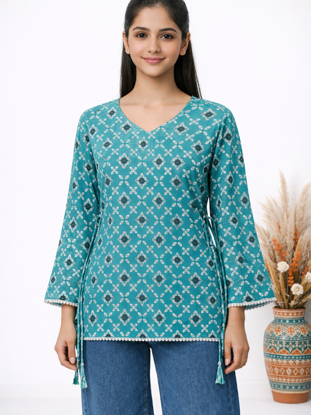 Indibelle Turquoise Floral Printed Cotton Short Kurti