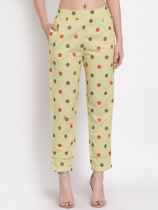 Indibelle Cotton Foil Floral Print Trousers (Green)