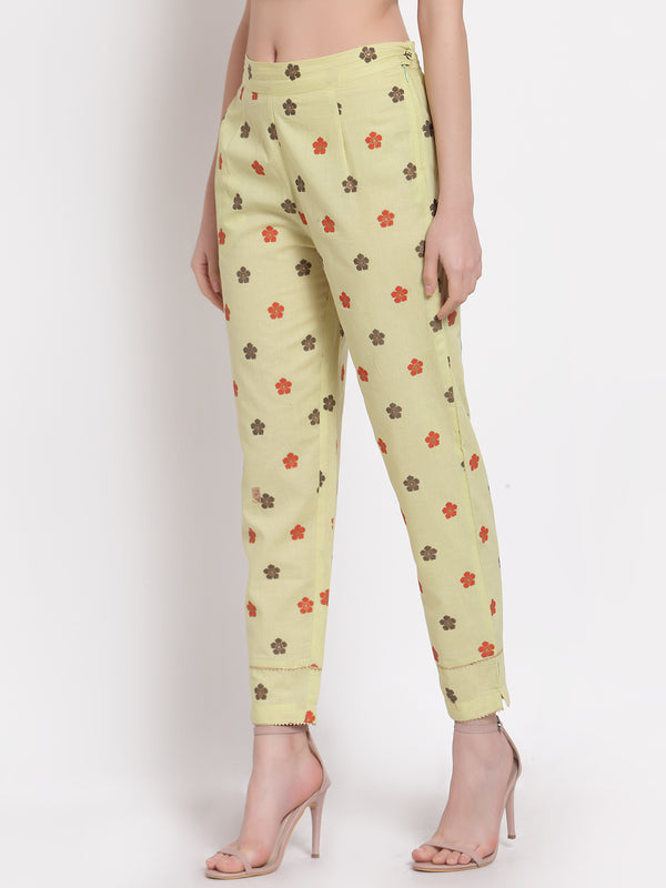 Indibelle Cotton Foil Floral Print Trousers (Green)