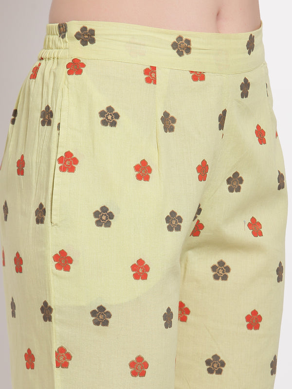 Indibelle Cotton Foil Floral Print Trousers (Green)
