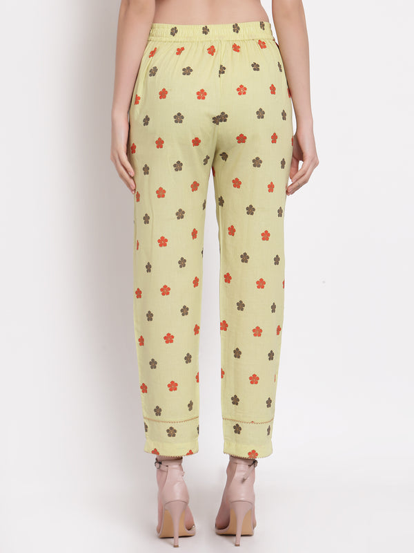 Indibelle Cotton Foil Floral Print Trousers (Green)