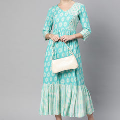 Indibelle Rayon Teal Floral Print Flared Dress