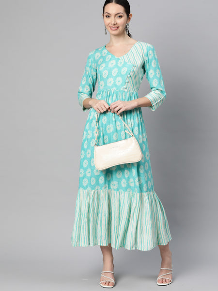 Indibelle Rayon Teal Floral Print Flared Dress