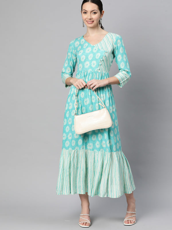 Indibelle Rayon Teal Floral Print Flared Dress