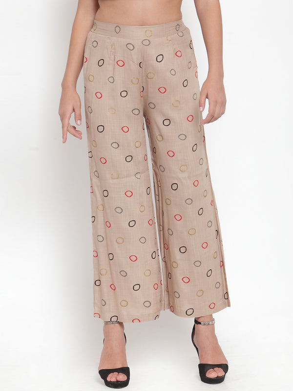 Indibelle Rayon Circle Print Plazzo Pants (Beige)