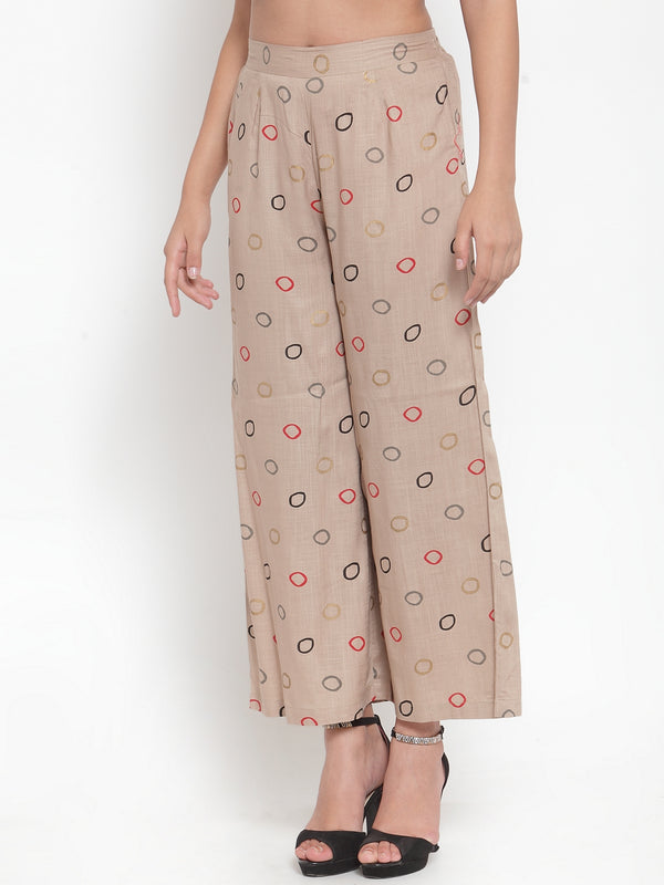Indibelle Rayon Circle Print Plazzo Pants (Beige)