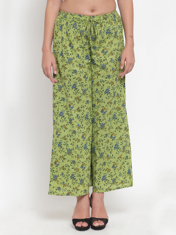 Indibelle Cotton Floral Print Plazzo Pants (Green)